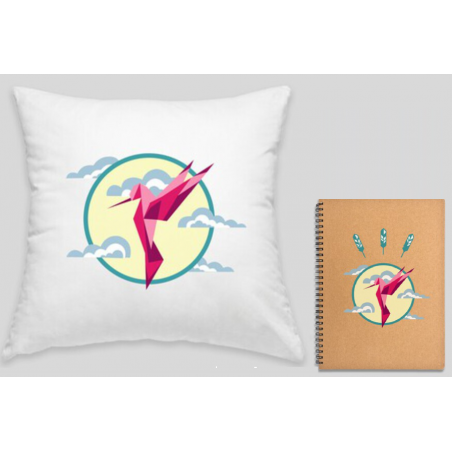 pack colibri: coussin décoratif et carnet de notre élégant